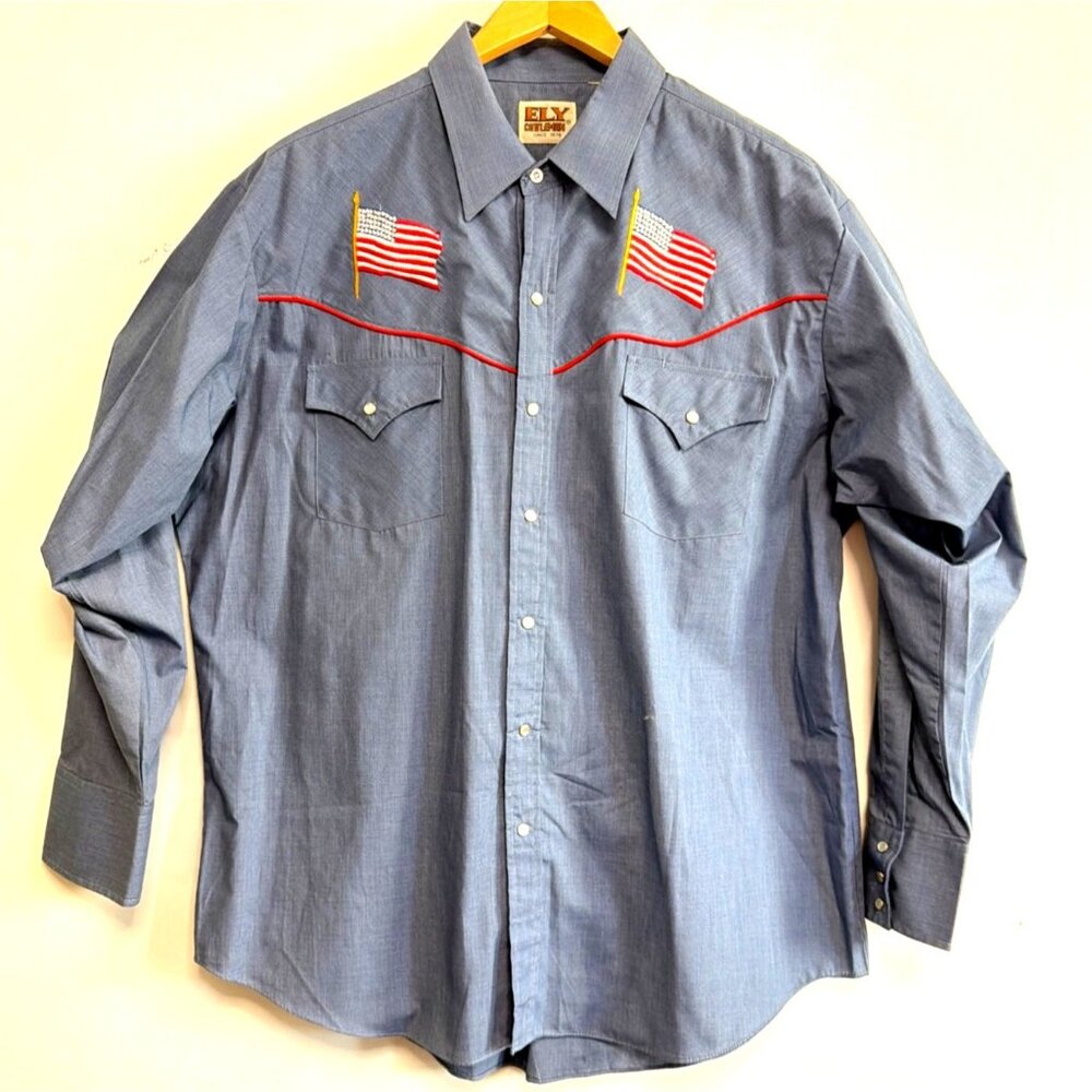 ELY Cattleman Western Shirt American Flag Pearl Snap button down Men Size XL